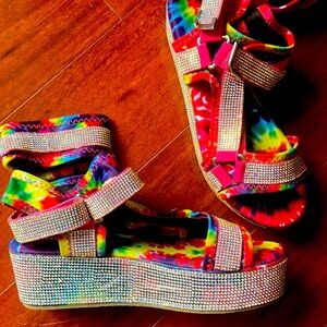 AZALEA WANG platform, ankle strap, sandals, rhinestone, rainbow 7 womens NEW